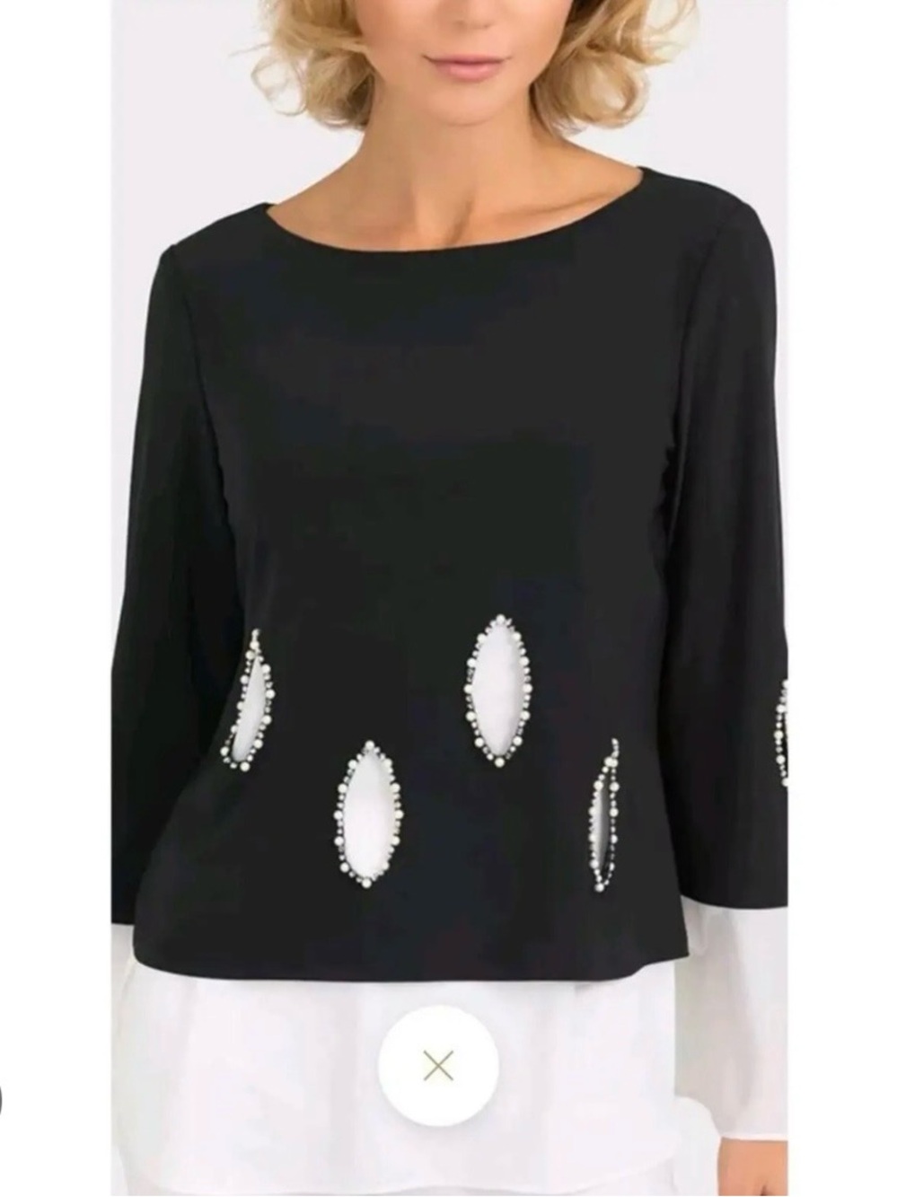 Joseph Ribkoff Black Tunic with White Layered Hem and Beaded Teardrop Accents - Picture 2 of 9
